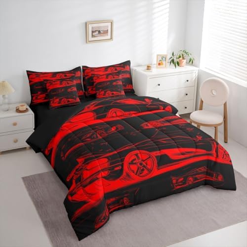 Feelyou Red Race Car Comforter Set with Sheets 7 Piece King Size Speed Sports Car Bed in a Bag Kids Boys Girls Extreme Sports Bedding Set Bedroom Decor Breathable Soft Lightweight Microfiber