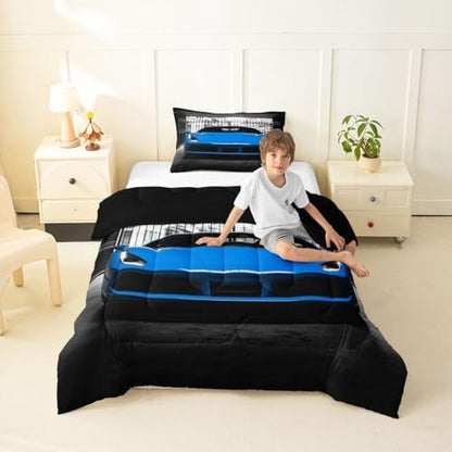Feelyou Boys Blue Race Car Comforter Set Queen Size Blue Luxury Car Bedding Set for Kids Boys Girls Extreme Sports Duvet Quilt Fast and Furious Bedroom Decor 3 Pcs with 2 Pillow Cases