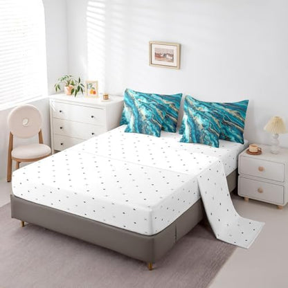 Erosebridal Teal Tie Dye Bedding Set for Kids Teens,Gradient Marble Texture Comforter Set Twin Size,Abstract Art (Comforter+Fitted+Flat Sheet+2 Pillowcases+2 Throw Pillow Covers) 7 Pieces Bed Set