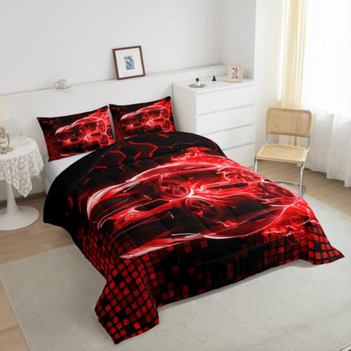Feelyou Race Car Flame Comforter Set for Kids Boys Teens Toddler Size Speed Sports Bedding Set Ultra Soft Honeycomb Duvet Quilt Cool Modern Grid Comforter Bedroom Decor Extreme Sports Duvet Quilt