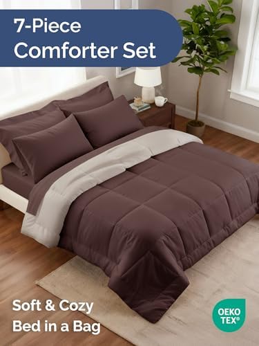 Full Comforter Set - 7 Piece Reversible Bed in a Bag Full - Brown/Beige