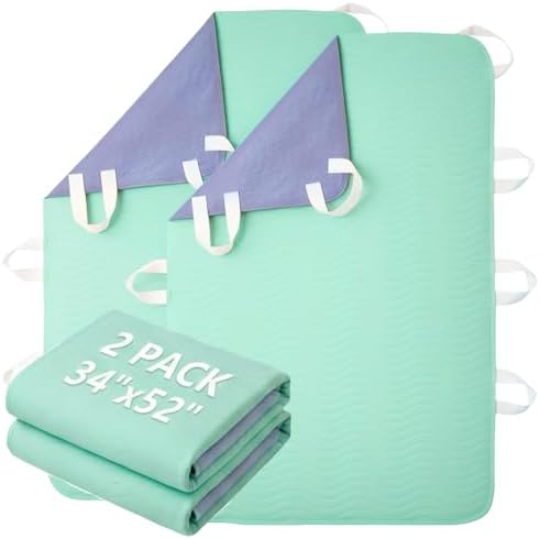 Reusable Positioning Bed Pads for Elderly Adults with 8 Handles 2 Pack 34”x52” -Absorbent Draw Sheet with Handles,Washable Waterproof Incontinence Under Pads for Transferring Moving,Pulling