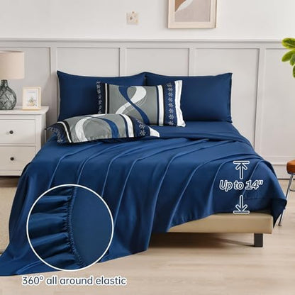 Anibedding Comforter Set Full Size,8 Pieces Navy Blue Boho Bed in a Bag