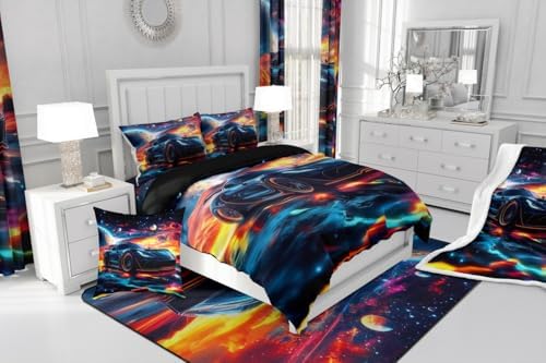 Erosebridal Kids Boys Sports Car Comforter Set Twin Size,Cosmos Outer Space Universe Bedding Set Race Car Room Decor,Glitter Stars Galaxy Racing Cars Comforter,Cool Speed Race Sports Car Duvet Insert