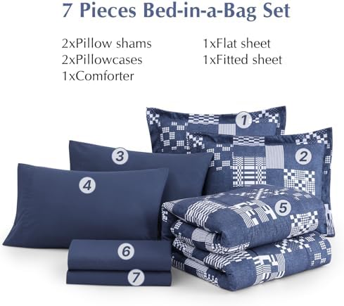 Plaid Queen Comforter Set Navy Blue 7 Pieces Bed in a Bag for Boys Teen