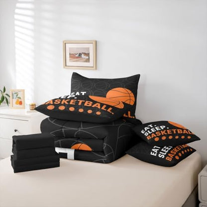 Erosebridal Boys Basketball Gaming Theme Comforter Set Queen Size 7 Pieces | Sports Kids Teens Bed in A Bag Games Pattern Bed Set Black Grey Bedding