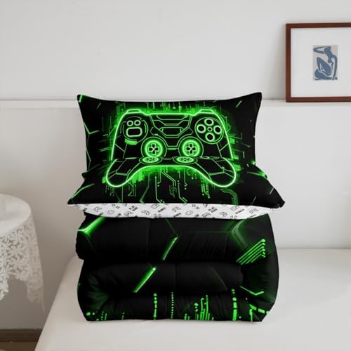 Feelyou Kids Green Gamer Comforter Set Toddler Size, Honeycomb Gaming Bedding Set Boys Girls Modern Game Console Comforter Gamepad Teens Duvet Set Bedroom Decor Bed Set 2Pcs