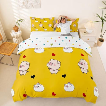Pig Duvet Cover Cartoon Animal Bedding Set Cute Pigs Printed Decor Yellow Comforter Cover for Kids Teen Girls Boys Soft Microfiber Reversible Bedspread,1 Duvet Cover with 2 Pillowcases, Queen Size