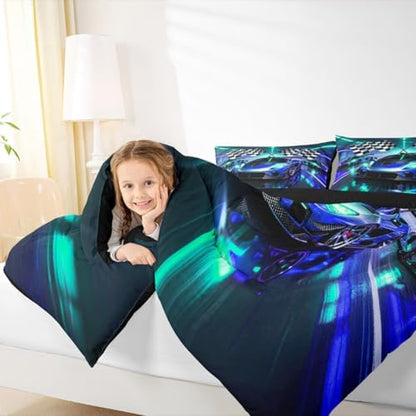 Feelyou Boys Race Car Bedding Set Soft for Boys Girls, Sports Racing Car Comforter Set King Size Extreme Sports Duvet Quilt Microfiber Automobile Bedroom Decor Buffalo Check 3 Pcs with 2 Pillow Cases