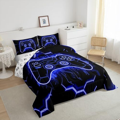 Feelyou Kids Blue Gamer Comforter Set Toddler Size, Honeycomb Gaming Comforter Boys Girls Modern Game Console Bedding Set Game Teens Duvet Set Bedroom Decor with 1 Pillow Case