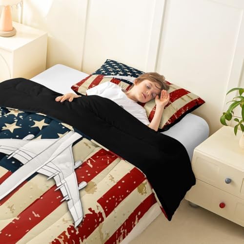 Erosebridal American Flag Airplane Bedding Set Full Military Airplane Comforter Set for Kids Boys Girls Vintage Patriotic Down Comforter Fighter Plane Quilt Duvet