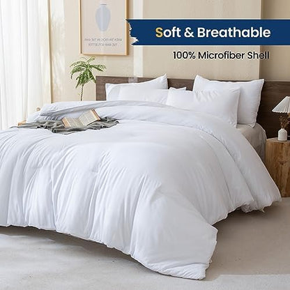 Paxrac Classic Pure White Comforter Queen Size, 3 Pieces Boho Comforter Set, Lightweight Solid Bedding Set, All Seasons Soft Breathable Queen Comforter Set (90x90In Comforter & 2 Pillowcases)