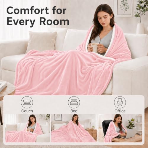 Electric Heated Blanket King Size 90" x 100", Soft Flannel for Bed, Couples, 10 Heat Settings, 1-12H Auto Shut Off, Dual Zone Controls, Overheat Protection, Machine Washable, Light Pink