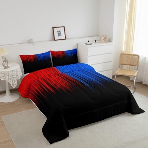 Feelyou Abstract Ombre Comforter Set Kids Teens Blue Red and Black Girls Bedding Set Room Decor Fashion Modern Quilt Set 2Pcs Twin Size