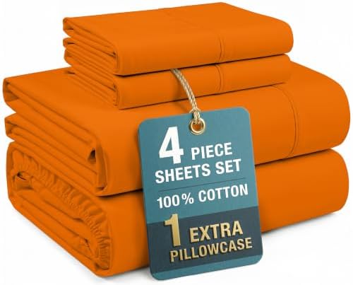 Casa Platino 100% Cotton Sheets Twin XL Size Set - 4 Pieces (1 Flat, 1 Fitted, 2 Pillowcases) - Soft, Breathable & Cooling Percale Bed Sheets with Deep Pockets - Twin XL Sheet Set - Rust