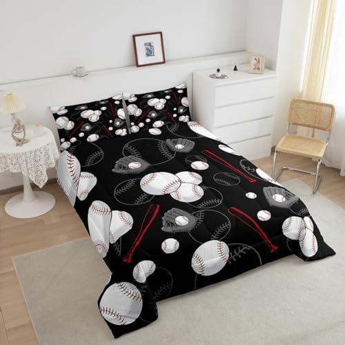 Castle Fairy White Baseball Comforter Set,Red Baseball Bat Bedding Set for Kids Girls Boys,Teens Adults Sports Baseball Comforter,Ball Games Quilted Duvet Set Bedroom Collection Twin Size 2Pcs