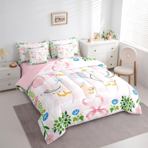 Erosebridal Cute Goose Duck King 7-Piece Comforter Set Pink Geometric Grid Cartoon Animal Bedding Set with Sheets for Kids Girls Pastel Coquette Bow Bed in a Bag Teens Leaf Floral Birthday Room Decor