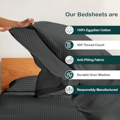 NON Sticky cotton California King 4 Piece Sheet Set, 100% Long Staple Cotton, Soft Cooling Hotel Luxury Bedding Sheets, Deep Pocket Fits 10" to 18" Mattress, 72" x 84", Dark Grey Stripe