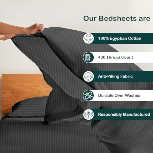 NON Sticky cotton Full 4 Piece Sheet Set, 100% Long Staple Cotton, Soft Cooling Hotel Luxury Bedding Sheets, Deep Pocket Fits 10" to 18" Mattress, 54" x 75", Dark Grey Stripe