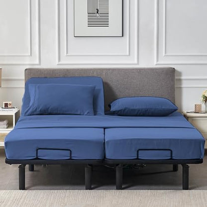 Kingnex Split Queen Sheets for Adjustable Bed Soft 1800 Microfiber 5 Pieces Include 2 30x80 Fitted Sheets 1 Flat Sheet 2 Queen Size Pillowcases Navy