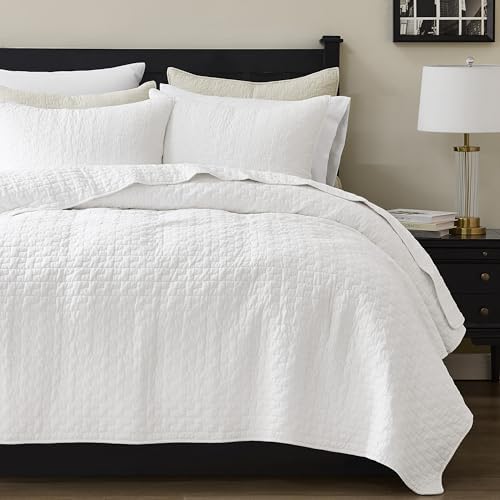 palassio White 100% Cotton Quilt Twin Size Bedding Sets with 1 Pillow Sham, Textured Lightweight Soft Bedspread Shabby Chic Coverlet, Quilted Thin Comforter Bed Cover for All Season, 2 Pieces