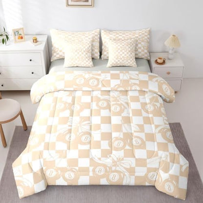 Lucky 8 Ball Comforter Set King Size,Girly Fashion Y2K 7 Piece Bedding Set For Kids Boys Girls,Coquette Cherry Bow Bed In A Bag With Sheets For Preppy Room Decor,Beige White Checkerboard Plaid Bed Set