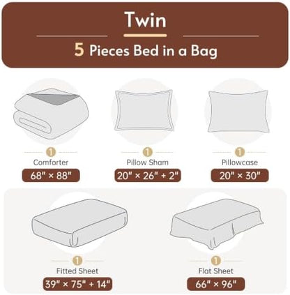 Twin Comforter Set with Sheets - 5 Pieces Bed in a Bag Brown Bedding Sets