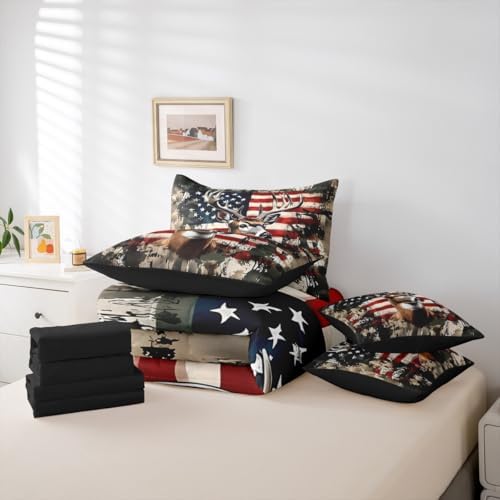 Erosebridal Rustic Deer 7 Pieces Bedding Set Twin Size,American Flag Bed in a Bag,Camouflage Animal Bed Set Includes Comforter,Sheet Set,Pillowcases & Pillow Covers,Stars Stripes Bedroom Decor