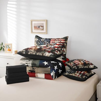 Erosebridal Rustic Deer 7 Pieces Bedding Set Twin Size,American Flag Bed in a Bag,Camouflage Animal Bed Set Includes Comforter,Sheet Set,Pillowcases & Pillow Covers,Stars Stripes Bedroom Decor