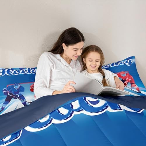 Homewish Ice Hockey Full Size Comforter Set,Sports Gaming Bedding Set for Adults Teens,Children Hockey Sport Player Comforter Luxury Blue and Red Quilt Set Room Decor 3Pcs