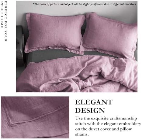 Simple&Opulence 100% Linen Duvet Cover Set with Embroidery Border Washed - 3 Pieces (1 Duvet Cover with 2 Pillow Shams) with Button Closure Soft Breathable Farmhouse - Purple, Queen Size