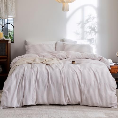 FOSSA Striped Duvet Cover Set 100% Washed Cotton Linen Feel California King