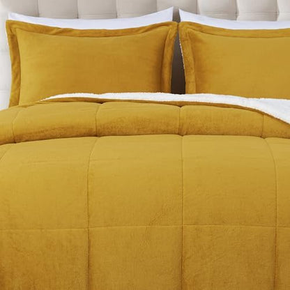 Chezmoi Collection Ultra-Soft Micromink Sherpa Comforter Set with 2 Pillow Shams - King Size Mustard Yellow Reversible Plush Bedding Comforter 3-Piece Set Warm Winter Blanket