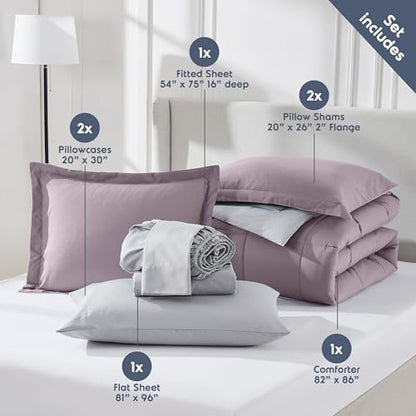 Nestl 9 Piece Full Comforter Set – Dusty Purple Reversible Bed in a Bag – Complete Full Size Bedding Set with Sheets, Set of 2 Cooling Pillows, Pillowcases and Shams