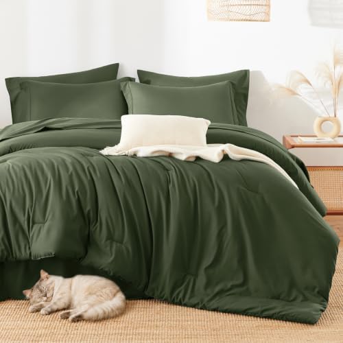 HIMEET Full Comforter Set, 7-Piece Point-Quilted Bed in a Bag, Olive Green
