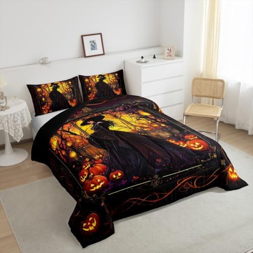 Fairy Witch Kids Comforter Set King Size,Halloween Pumpkin Lantern Lamp Gothic Retro Bedding Set,Girls Boys Room Decor,Branch Dead Magical Quilt Comforter,Trippy Chic Duvet Insert,2 Pillowcases
