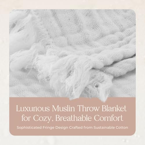 100% Cotton Organic Muslin Throw Blanket for Adults GOTS & Fairtrade Certified Organic Cotton - Couch Living Room and Bedroom Decor - 4 Layer Super Soft and Cozy (White, Twin)