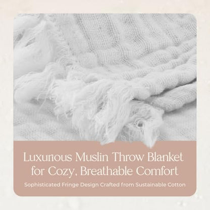 100% Cotton Organic Muslin Throw Blanket for Adults GOTS & Fairtrade Certified Organic Cotton - Couch Living Room and Bedroom Decor - 4 Layer Super Soft and Cozy (White, Twin)