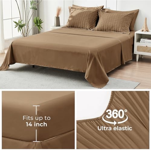 HYMOKEGE Brown Oversized Queen Comforter Set Seersucker 7 Pieces, All Season Luxury Bed in a Bag for Bedroom, Bedding Set with Comforter, Sheets, Pillowcases & Shams