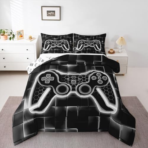 Feelyou Kids Gamer Comforter Set King Size Grey and Black Bedding Set for Boys Teens Decor Gaming Ombre Comforter Geometric Square Duvet Set 3Pcs