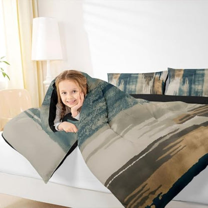 jejeloiu Blue Brown Abstract Kids Comforter Set Twin Size Modern Art Bedding Set Splash Ink Abstract Duvet Quilt for Kids Boys Girls Bedroom Luxury Decor Microfiber Ultra Soft Breathable