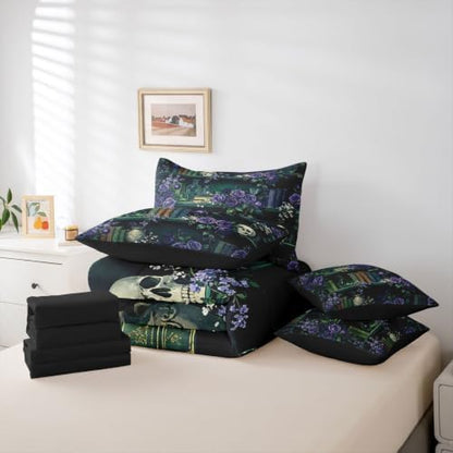 Erosebridal Mysterious Bookshelf 7 Piece Bedding Set Queen Purple Rose Comforter Set with Sheets Halloween Skull Flowers Bed in a Bag Retro Wizard Green Potion Bed Sets Comforter