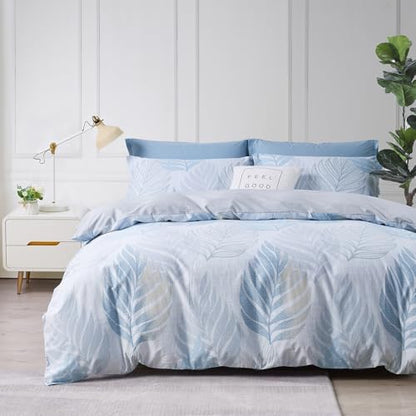 SAPHREAS Monstera Leaf Blue Duvet Cover Set 2pcs Tropical Botanical Palm Leaves Bedding Comforter Cover Set Closure 1 Duvet Cover 1 Pillow Sham, Comforter Not Included