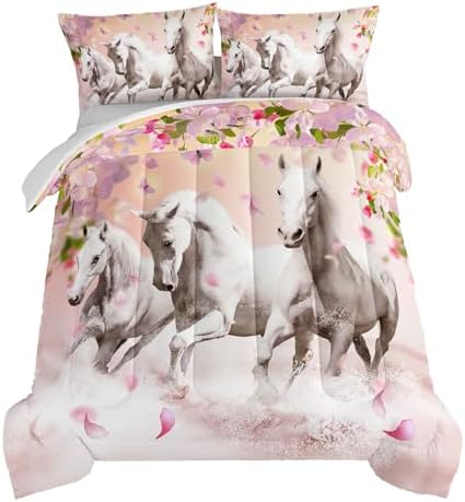 HOSIMA Girls Farm Wild Animal Horse Comforter Full with 2 Pillowcases.