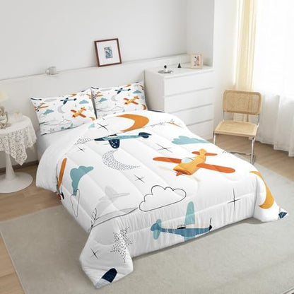 Kids Hand Drawn Airplane Comforter Set Queen Size for Child Boys Girls Room Decor,Cartoon Starry Moon Cloud Bedding Set,Teens Sky Flying Transport Plane Quilt Set White Vivid Duvet Insert 3pcs