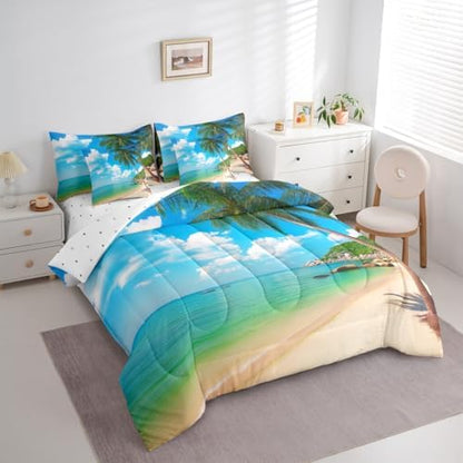Erosebridal Ocean Beach Full Size Comforter Set, Palm Trees 7-Piece Bed in A Bag, Coastal Nature Theme Sheets and Pillowcases, Hawaiian Kids Boys Men Women Bedding Set Room Decor