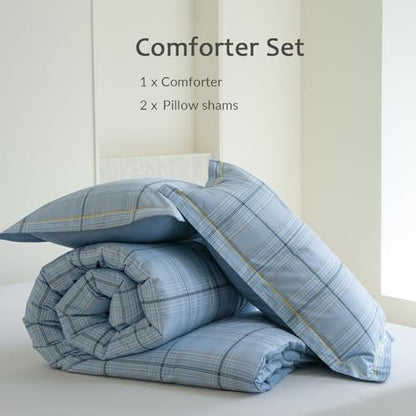 Blue Plaid Comforter Set 3 Pieces - 100% Cotton Grid Gingham Pattern Reversible Comforter King Size, Soft and Hypoallergenic Bedding Set