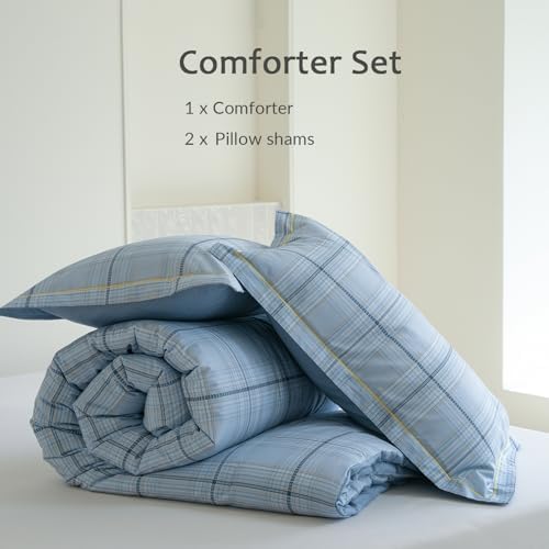 Blue Plaid Comforter Set 3 Pieces - 100% Cotton Grid Gingham Pattern Reversible Comforter Queen Size, Soft and Hypoallergenic Bedding Set