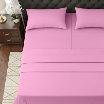 Elegant Comfort Luxurious 1500 Premium Hotel Quality Microfiber Three Line Embroidered Softest 5-Piece Bed Sheet Set, Wrinkle and Fade Resistant, Split King, Light Pink