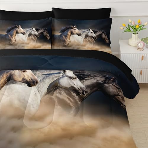 QOOMO Running Horse 7 Pieces Comforter Set Queen,Galloping Horse Bedding